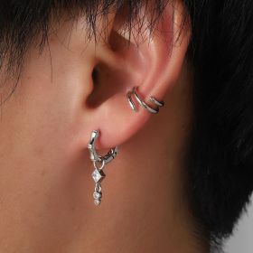 European and American Men's Bamboo Joint Zircon Pendant Ear Clips Set Hip-Hop Punk Style Earrings Accessories (Style: silver)