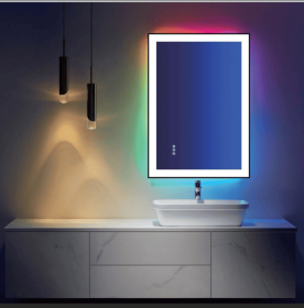 Tempered Glass Frame Mirror with LED Living Room Lighting, Triple Color Temperature/RGB, 28 "x36" Size, Smart Touch Button Lighting Control, Wall (PS005-S1R7090UL: PS005-S1R13991UL)