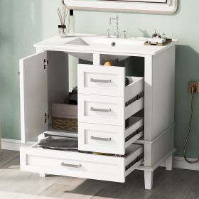 30" Bathroom Vanity , Modern Bathroom Cabinet with Sink Combo Set, Bathroom Storage Cabinet with a Soft Closing Door and 3 Drawers, Solid Wood Fr (Color: White, Material: Solid Wood+MDF)
