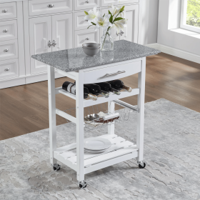 Mobile Rolling Kitchen Island Trolley Serving Cart with Underneath Drawer & Slide-Out Wire Storage Basket (Main Material: Marble+Metal, Main Color: White)